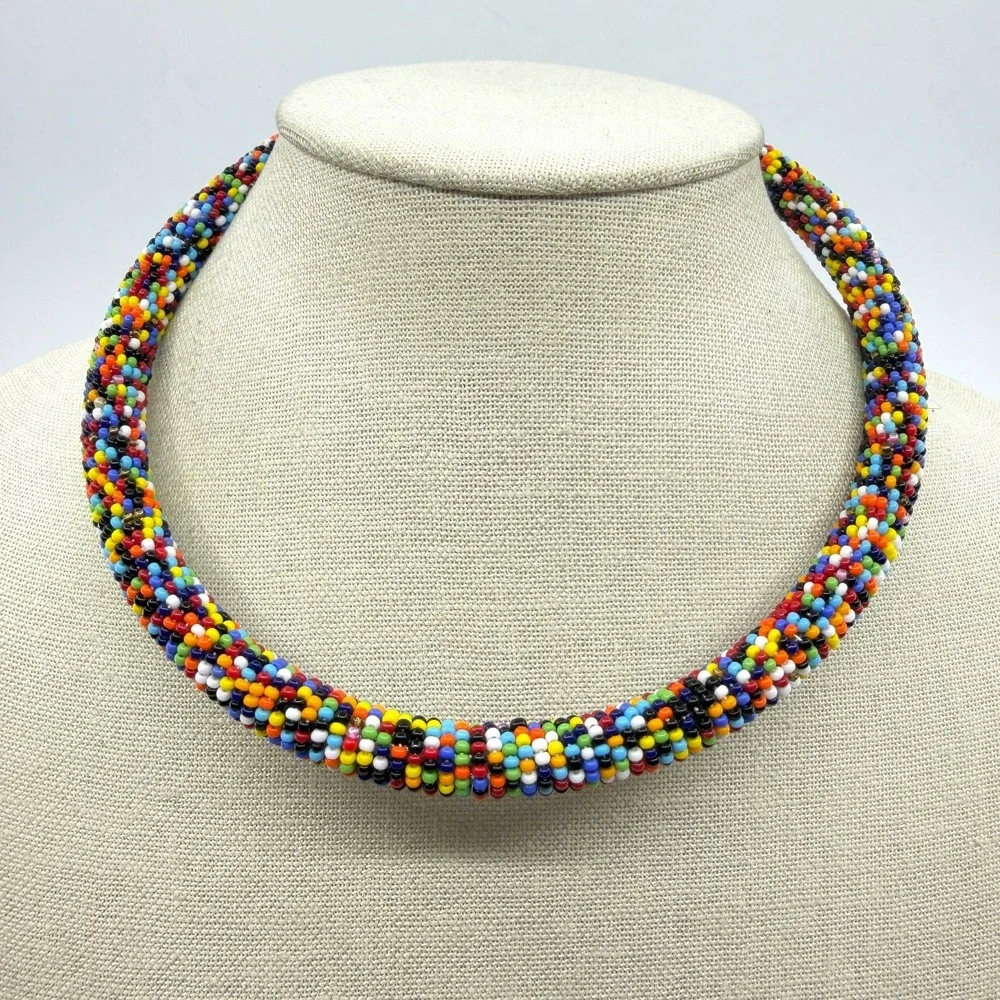 Multicolor Seed Bead Collar Necklace Boho Statement Festival Layering Gift Chic